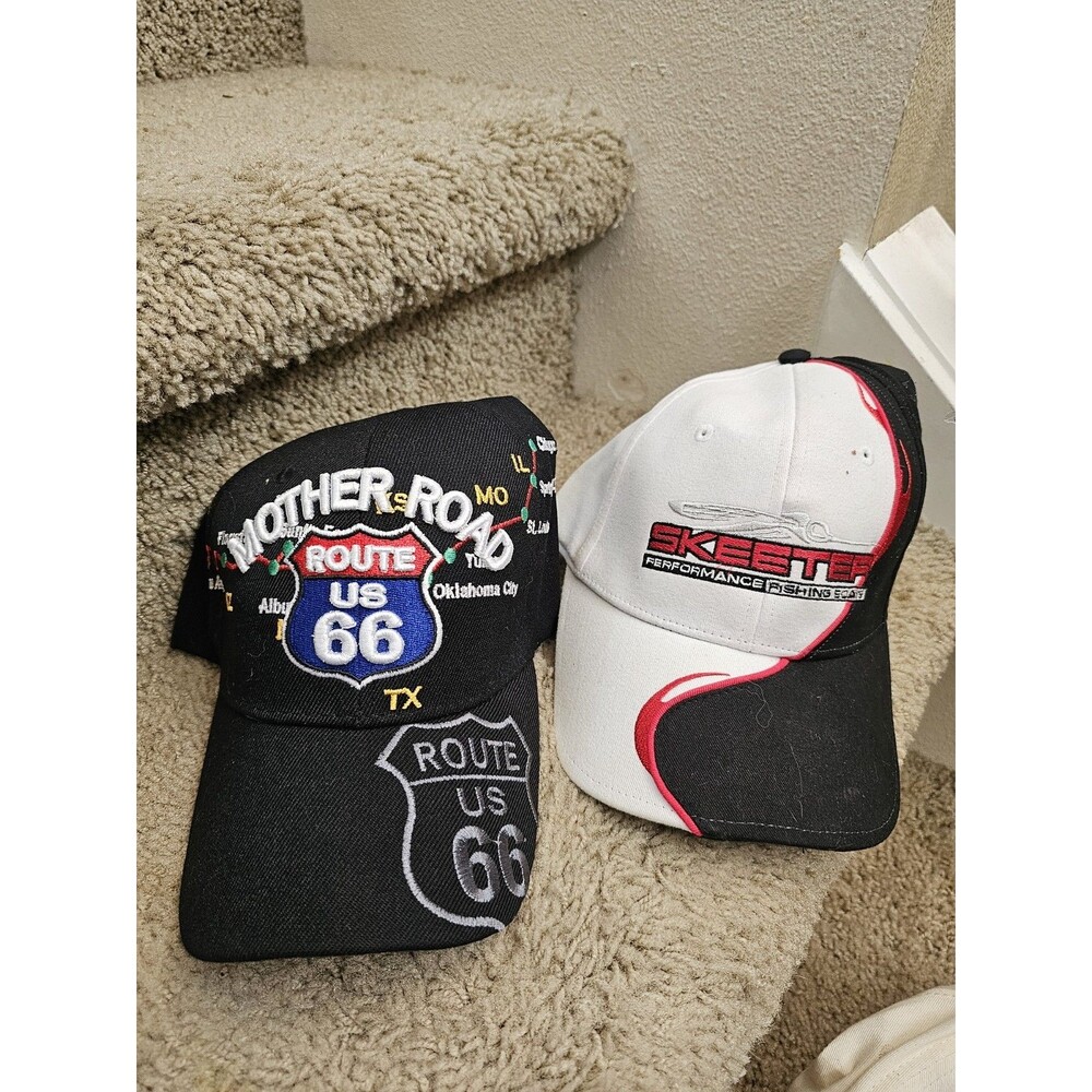 ​Lot of 2 Skeeter Performance Fishing Boats Hat & Route 66 Mother Road Map Cap
